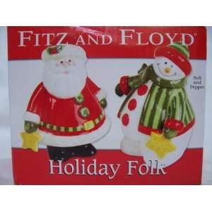 Fitz & Floyd Holiday Folk Snowman and Santa Salt and Pepper Shakers 