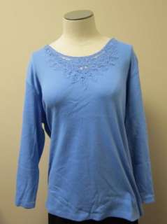 Denim & Co. 3/4 Sleeve Top w/Battenberg Lace & Bead Details L Blue 