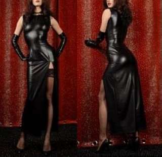 Sexy Blk Gothic PU Queen Long Dress Clubwear Side @V03333  