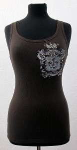 VOCAL Ribbed Tank Top Brown Shirt Fleur de Lis Rhinestones Chrystals 