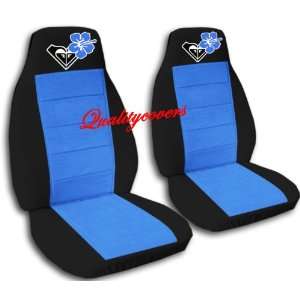  2 Black and Light Blue seat covers with a Hibiscus flower 