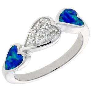  Sterling Silver, Synthetic Opal Inlay Triple Heart Ring, w 