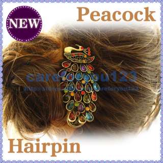 Colorful Vintage Retro Antique Crystal Peacock Hairpin  
