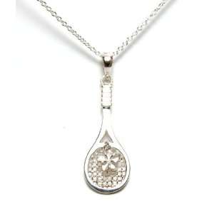  Silver tennis racket pendant with moving plumeria (chain 