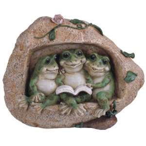   Polyresin Three Fat Frogs Sitting In Rock Reading Book