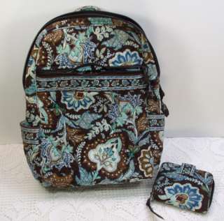 Vera Bradley Java Blue Brown Back Pack Bag/Purse +Wallet Damaged Strap 