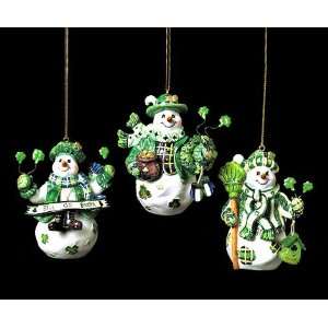  Set of 3 Irish Snowmen With Shamrocks Christmas Ornaments 