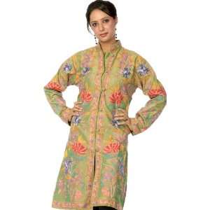 Moss Green Long Silk Jacket with Phulkari Embroidery All Over   Pure 