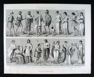 1874 Print Ancient Greek Dress Costume Chiton Himation  