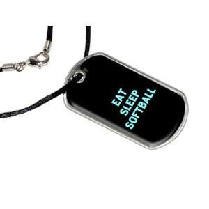 Eat Sleep Softball   Military Dog Tag Black Satin Cord Necklace
