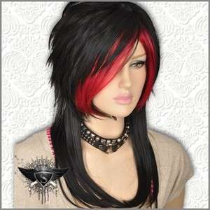 GW174 Black Mixed Red Straight Double Cut Long Punk Wig  