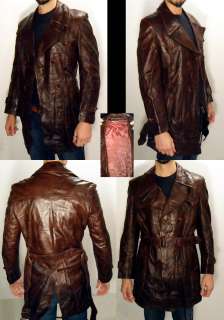 Mens Vintage Leather Tortoise Trench Coat Jacket Sz 44 Retro Fight 