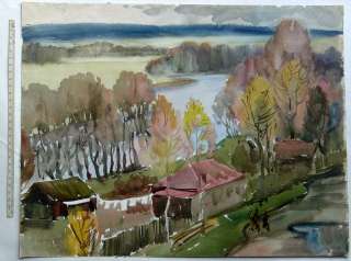 RIVER impressionism watercolor LAITARUK A.70s painting  