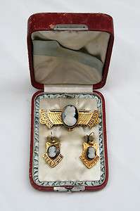 MAGNIFICENT 1880 VICTORIAN ANTIQUE 14K CAMEO BROOCH, EARRINGS WITH 