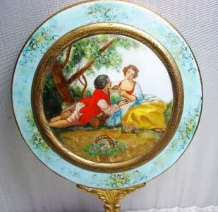 Antique French Style Figural Enamel Hand Purse Mirror~Original Beveled 