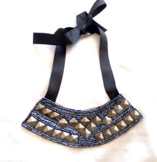 Black Jeweled Beaded Bow Tie Bib Felt Material Necklace  