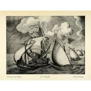   Galleys Warships Sailing Ships Sails Ocean   Original Halftone Print