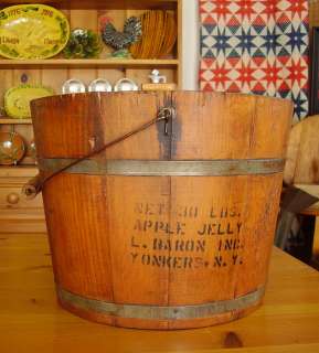 Antique Wooden Staved Bucket APPLE JELLY Pail w/ Lid and Handle 