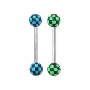   Plaid Green & Blue & White unique Barbell Tongue Ring Rings Jewelry