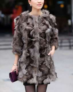 New Long Fox Fur Collarless 3/4 Sleeve Women Winter Coat Size S M L XL 