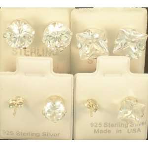  CZ STERLING SILVER 7mm N 9mm SQUARE N ROUND STUDEARRINGS 