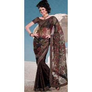  Black Net Sari with Parsi Embroidered Flowers   Crepe with 
