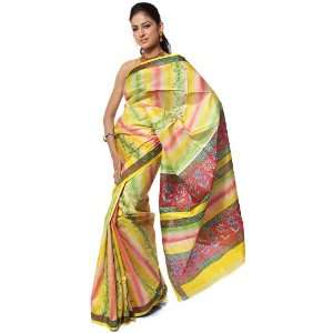  Multi Color Sari from Kolkata with Printed Creepers   Pure 