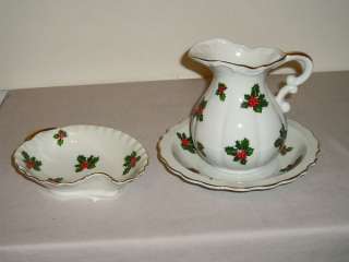   Christmas Lefton China Holiday Holly Pitcher & 7 Bowl, Candy Dish