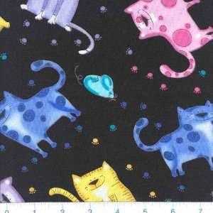  45 Wide Cool Colorful Cats Black Fabric By The Yard 