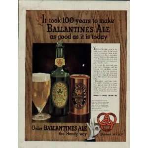  1939 Ballantine Ale Ad, It Took 100 Years to Make Ballantines Ale 