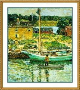 Impressionist Childe Hassam Boat in Cos Cob New York Counted Cross 