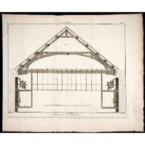 1770 Copper Engraving Architectural Section Roof Truss Winch Salle 