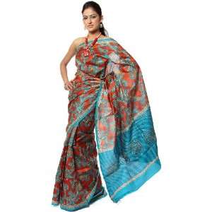 Burnt Orange and Blue Printed Sari from Kolkata with Threadwork and 