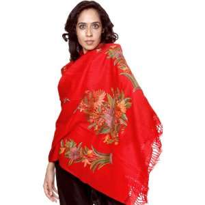 Pompeian Red Stole from Kashmir with Hand Embroidered Flower Pots 
