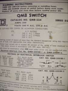 Square D QMB Fusible Disconnect 200 Amp Cat# QMB 224  