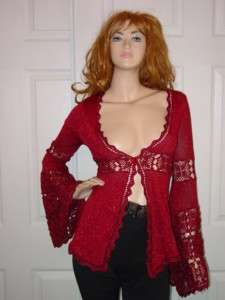 Morgan de toi France crochet metallic red bell sleeve cardigan blouse 