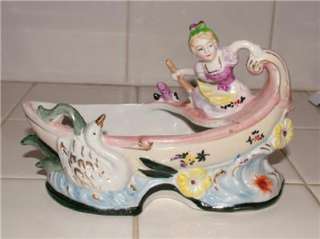 Antique Hand Painted Ceramic Girl in Boat Dish Gilded Circa 1940s 