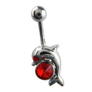   Belly Button Ring   Red CZ Crystal Dolphin Belly Ring Toys & Games
