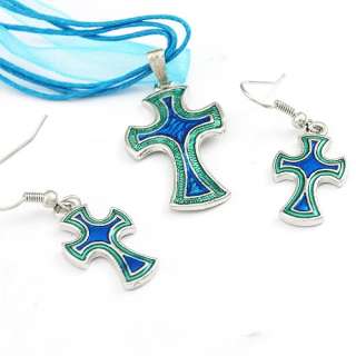 H9864 Blue Cross Style Gemstone Necklace Earrings Set  