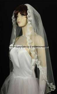 IVORY WEDDING BRIDAL EMBROIDERED LACE VEIL FINGERTIP 51  