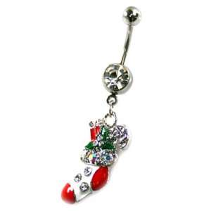   Christmas Belly Ring with Clear CZ   Sock   Sold Individually Jewelry
