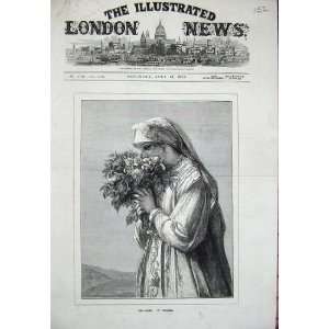  1873 Antique Portrait Les Roses Woman Lady Flowers Art 