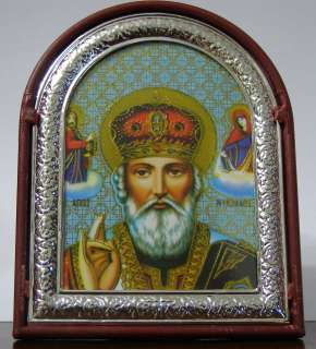 Icon Russian St Nicholas Wonderworker Jerusalem framed on table  