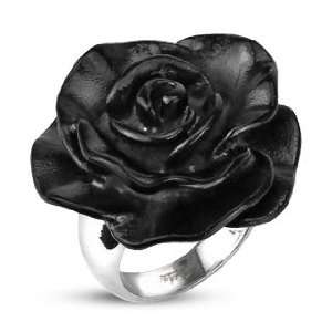   Stainless Steel Ring For Women with Fully Bloomed Black Plated Rose
