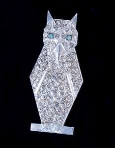 Vintage Art Deco 1920s Silver Plated Paste Pave Rhinestone Owl Pin 