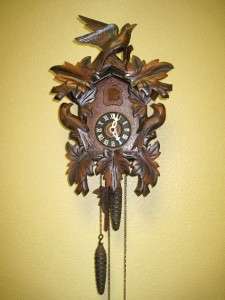   Antique Black Forest Heavily Carved Cuckoo Clock w/ Birds Leaves 1915