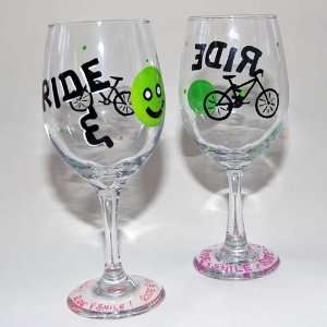 Hand Painted Ride and Smile Bike Wine Glass  Kitchen 