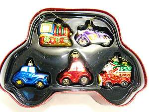 Handpainted Blown Glass Christmas Ornaments Cars/Train/Bike 5 Pcs Set 