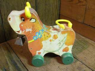 Antique Fisher Price Pull Toy~Bossy Bell~Wood~Litho~Cow  