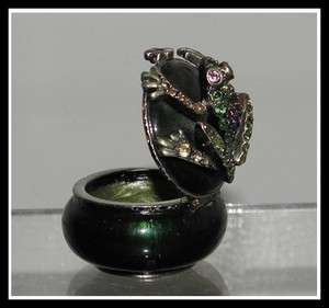Signed Jay Strongwater Jeweled Enamel Box w Frog Lid NR  